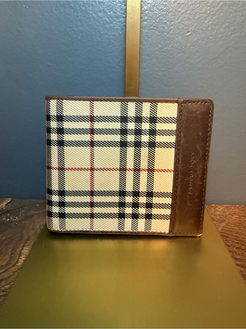 Burberry Men's Beige Check Bifold Wallet with Brown Leather Trim